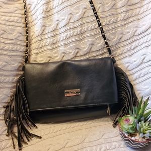 BCBG Paris Black Fringe Crossbody with Gold-Tone Chain
